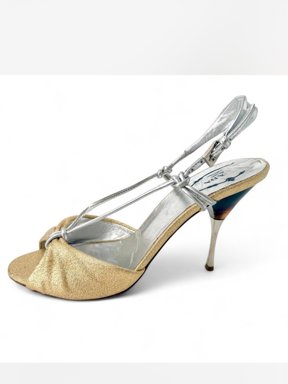 PRADA | Vintage Gold‎ & Silver Metallic Knot Heels Tortoise Stiletto 36.5